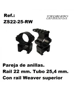 Anillas Zasdar 1" medias - con rail weaver superior - 21 mm weaver o picatiny